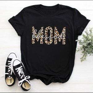 Blessed Mom Leopard Print Black TShirt
